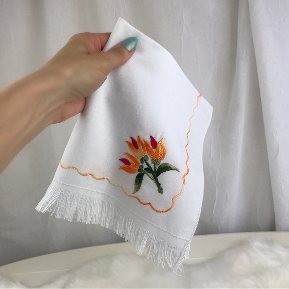 Embroidered Golden Tulips Flowers Fringe Handkerchief Vintage Style Floral - Picture 13 of 16